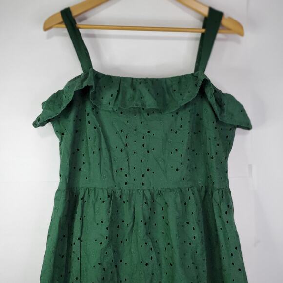 LOFT Women’s Emerald Green Size 10 Eyelet Ruffle Square Neck Midi Dress NWT - Picture 2 of 9